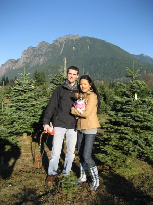 Family cutting down the Christmas tree November 2007